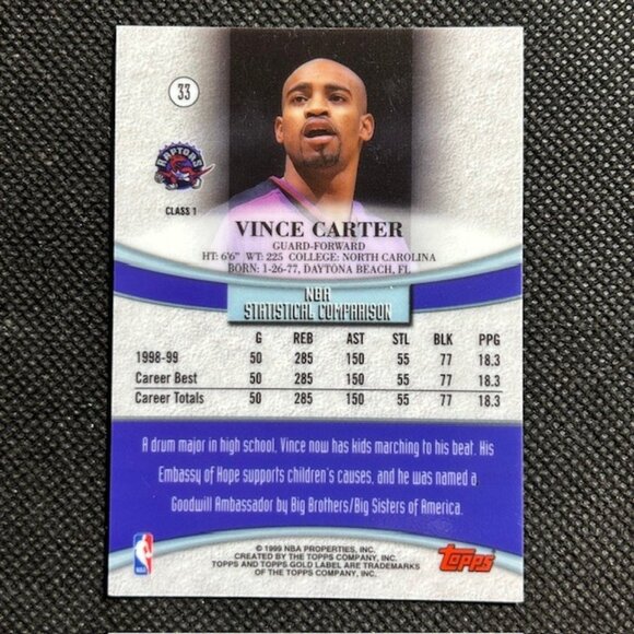 1999-00 Topps Gold Label #33 Vince Carter Toronto Raptors - Picture 2 of 2